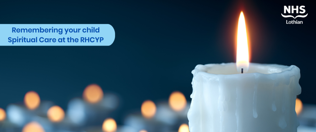 On the left there is a text in dark blue with light blue background that says Remembering your child's Spiritual care at RHCYP. On the right, there is a white candle
