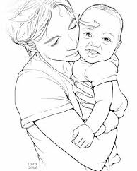A Woman is holding a baby close to her chest, with the baby facing outward. The baby's head is turned to the left, as indicated by an arrow on the baby's forehead. The baby's right cheek is pressing against woman's cheek