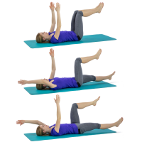 a womanlying on her back with hips and knees bent to 90 degrees and arms straight and pointing towards the ceiling. A second image almost the same but with right arm stretched above head and right leg bent and a third image with left arm stretched above head and right knee bent