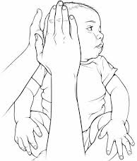 baby lying looking to its left and an adult using a hand to lightly stretch the rotation