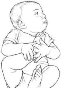 baby lying looking to the right holding its foot