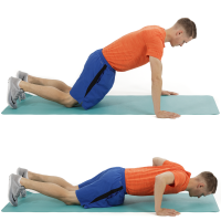 Two stages of a knee push-up exercise. First Stage: The person is positioned face down on the floor, with their knees on the ground and hands placed slightly wider than shoulder-width apart, arms extended. Second Stage: The person bends their elbows to a 90-degree angle, lowering their chest toward the ground, keeping their core engaged, and pushing back up to the starting position
