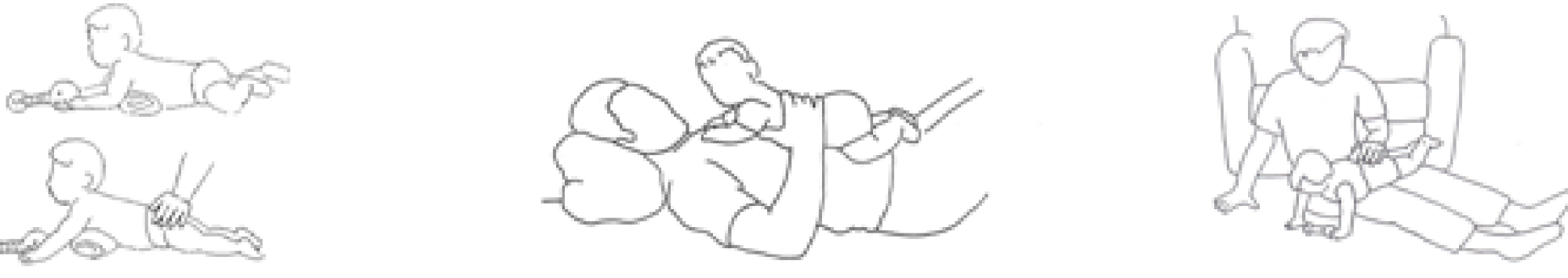 illustration of three different types of tummy time. On the first one the baby is lying flat on their tummy. On the second one the baby is lying on their tummy on top of an adult who is lying flat on the floor. On the third one an adult is sitting with their legs stretched and the baby is lying across them 
