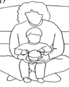 illustration of an adult sitting on the floor with their legs crossed. The child is sitting on top of adult's legs with the child's legs over adult's legs .The child has a ball on their knees 