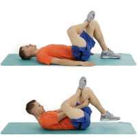 The top part shows a person lying on their back with one leg crossed over the other, resting the ankle on the opposite knee. The bottom part shows the person lifting the leg that has the ankle resting on it and pulling it toward the chest.
