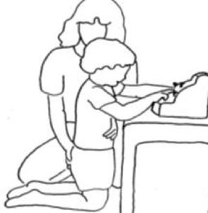 illustration of an adult support their child kneeling against a table 
