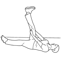 A person is lying on their back, lifting one leg straight in the air while holding it with both hands