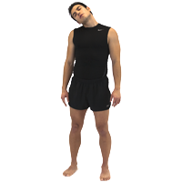 An illustration of a man wearing a black T-shirt and shorts stretching his neck to his right side