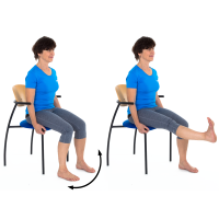 A diagram of a person sitting in a chair with both feet flat. On the second image a person lifting their foot up in the air with toes pulled up