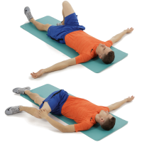 man lying with both arms out to the side and then one arm out to the side and his leg crossed over his body