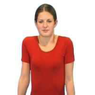 A woman wearing a red top shrugging her shoulders upwards