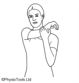 A person standing and pulling one arm across the chest, using the opposite hand to stretch the shoulder.