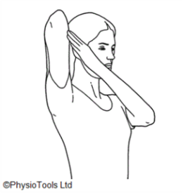 A person reaching one arm overhead and bending the elbow, using the opposite hand to hold the elbow for a triceps stretch.